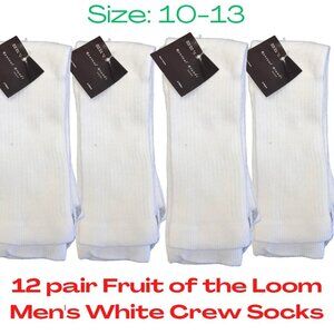 Fruit of the Loom Mens Crew Socks Size 10-13 White 12 Pairs